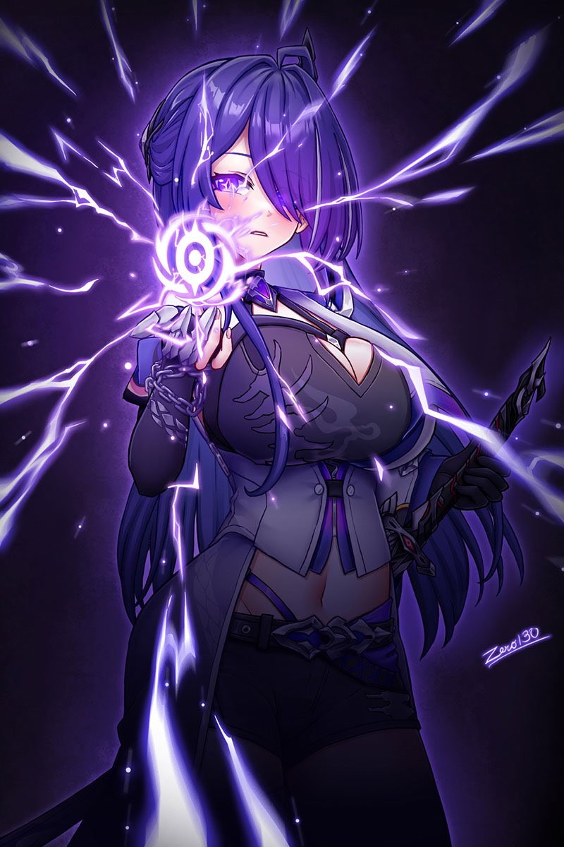 1girl, acheron_(honkai:_star_rail), black_shorts, breasts, cleavage, glowing_symbol, hair_over_one_eye, highres, holding, holding_sword, holding_weapon, honkai:_star_rail, honkai_(series), katana, looking_at_viewer, navel, purple_eyes, purple_hair, shorts, signature, solo, sword, weapon, zero130rider