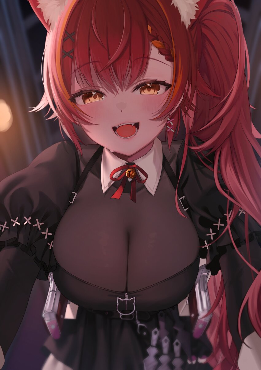 0707_una, 1girl, absurdres, animal_ears, black_dress, braid, braided_bangs, breasts