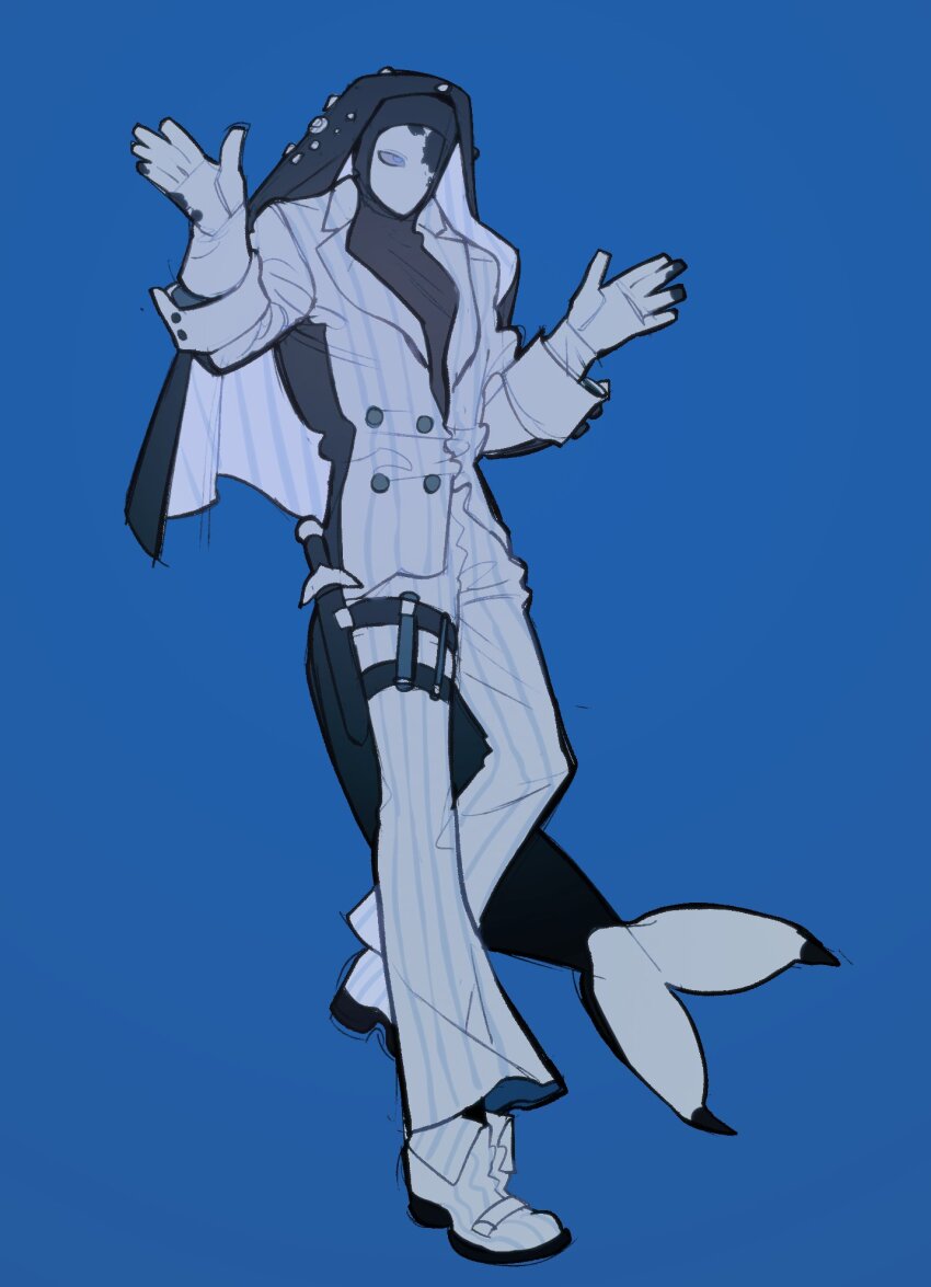 1boy, blue_background, blue_eyes, body_markings, cetacean_tail, coif, collared_jacket, colored_sclera, colored_skin, dagger, fins, fish_tail, formal_clothes, full_body, gloves, grey_footwear, grey_gloves, grey_jacket, grey_pants, grey_sclera, grey_skin, hands_up, highres, holster, jacket, knife, korean_commentary, looking_to_the_side, male_focus, no_mouth, one-eyed, original, pants, sasi_mozzi1, sheath, sheathed, shirt, simple_background, solo, standing, striped_clothes, striped_footwear, striped_pants, striped_shirt, striped_suit, suit, tail, thigh_holster, veil, vertical-striped_footwear, weapon, whale_boy