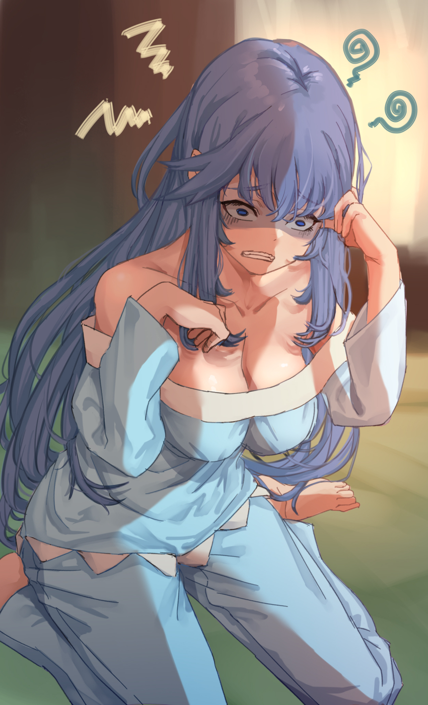 1girl, aqua_(konosuba), bare_shoulders, barefoot, blue_eyes, blue_hair, blue_pajamas, breasts, cleavage, clenched_teeth, highres, kono_subarashii_sekai_ni_shukufuku_wo!, long_hair, mamaroa, pajamas, shaded_face, sitting, solo, teeth, very_long_hair, wariza