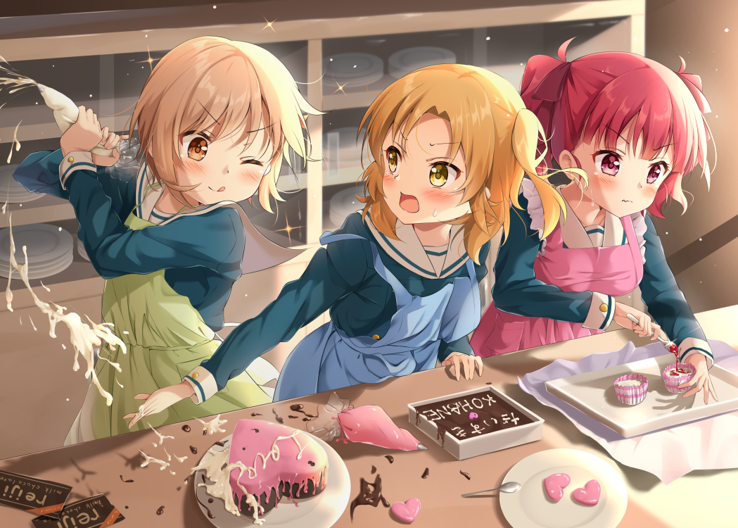 3girls, akitsune_kon, anima_yell!, apron, blonde_hair, blue_apron, blush, candy, chocolate, chocolate_heart, food, green_apron, heart, indoors, long_sleeves, mika_miche, multiple_girls, open_mouth, pink_apron, red_eyes, red_hair, sailor_collar, sawatari_uki, short_hair, ushiku_kana, white_sailor_collar, yellow_eyes