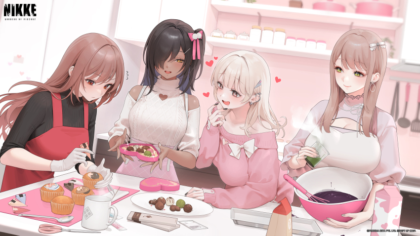 4girls, absurdres, alternate_costume, anis_(nikke), asymmetrical_hair, bad_food, baking_sheet, beaker, black_hair, black_nails, black_shirt, blonde_hair, blush, bow, bowl, box, box_of_chocolates, breasts, brown_hair, candy, casual, chocolate, chocolate_bar, chocolate_heart, cleavage, cleavage_cutout, closed_mouth, clothing_cutout, commander_(nikke), commentary, cooking, cowboy_shot, cup, cupcake, dark-skinned_female, dark_skin, dazzling_pearl_(nikke), drink_carton, drooling, ear_piercing, earrings, emma_(nikke), english_commentary, eyelashes, flying_sweatdrops, food, gloves, goddess_of_victory:_nikke, grey_nails, grey_shirt, hair_bow, hair_ornament, hair_over_one_eye, hairclip, hand_to_own_mouth, heart, heart-shaped_box, heart_cutout, highres, hoop_earrings, hungry, icing, jewelry, kitchen, ladle, large_breasts, leaning_forward, light_brown_hair, logo, long_hair, looking_at_another, looking_to_the_side, medium_breasts, milk_carton, mole, mole_under_eye, multiple_girls, naga_(nikke), nail_polish, neon_(nikke), off-shoulder_sweater, off_shoulder, official_art, ohisashiburi, open_mouth, orange_eyes, phallic_symbol, piercing, pink_bow, pink_skirt, pink_sweater, plate, pom_pom_(clothes), pom_pom_hair_ornament, rapi_(nikke), red_eyes, ribbed_shirt, ribbon, saliva, scissors, second-party_source, shirt, shoulder_cutout, side_ponytail, skirt, slit_pupils, smile, spatula, spoon, standing, steam, straight_hair, sweatdrop, sweater, tia_(nikke), turtleneck, turtleneck_sweater, valentine, watermark, whisk, white_gloves, white_nails, white_ribbon, white_sweater, yellow_eyes