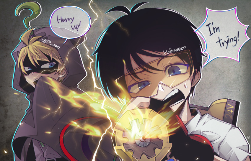 2boys, ?, black_hair, blonde_hair, blue_eyes, cloak, electricity, english_text