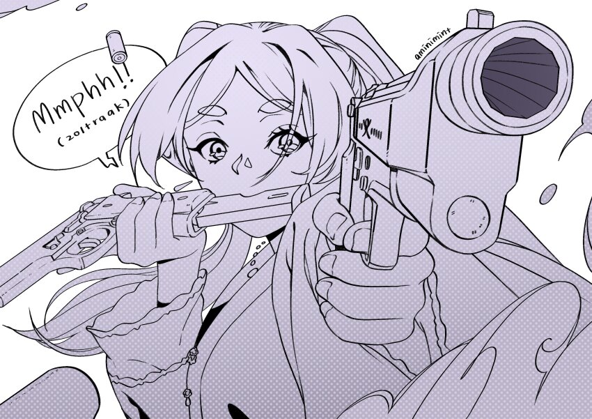 1girl, absurdres, aiming, aiming_at_viewer, amin_(aminimint), artist_name, beretta_92, black_lagoon, dual_wielding, english_text, frieren, greyscale, gun, halftone, handgun, highres, holding, holding_gun, holding_weapon, long_hair, long_sleeves, looking_at_viewer, magazine_(weapon), monochrome, mouth_hold, parody, scene_reference, shell_casing, shirt, solo, sousou_no_frieren, speech_bubble, thick_eyebrows, twintails, upper_body, weapon