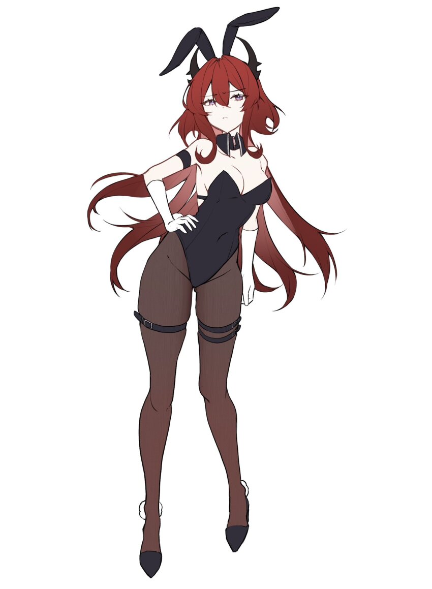 1girl, alternate_costume, arknights, blue_eyes, breasts, demon_horns, detached_collar, gloves