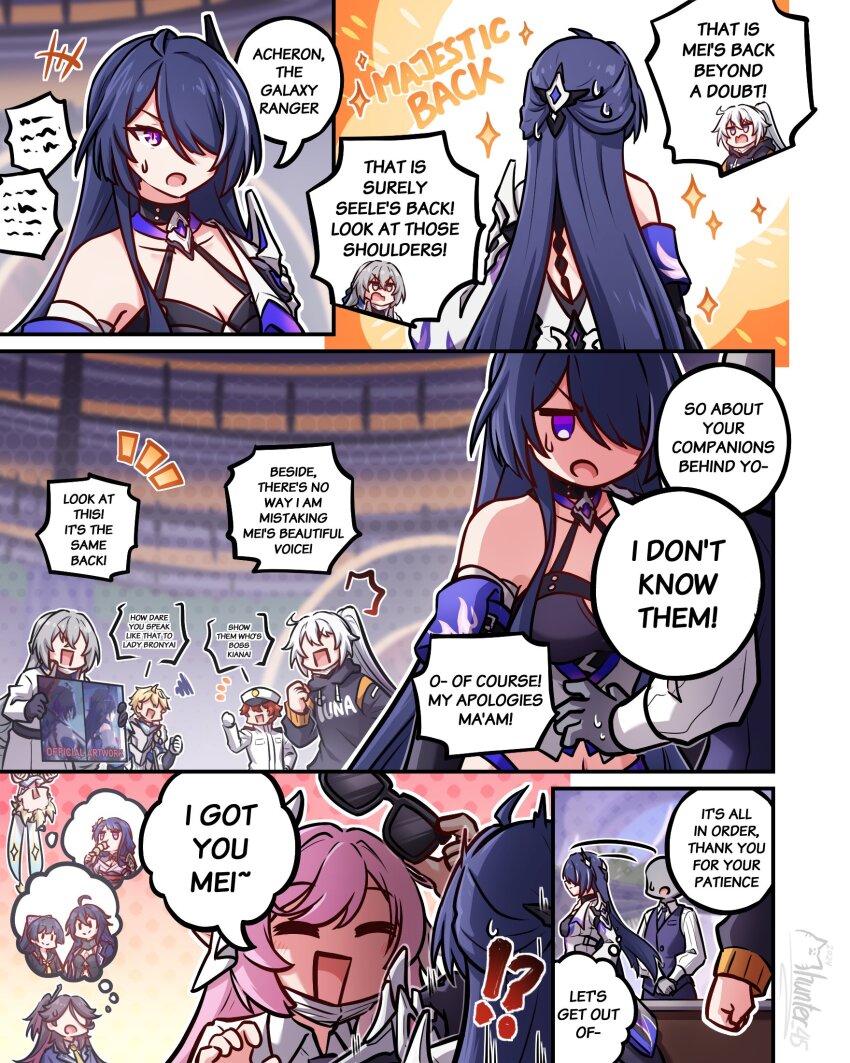 2boys, 6+girls, acheron_(honkai:_star_rail), ahoge, artist_name, bare_shoulders, honkai_gakuen, black_hair, blonde_hair, blue_hair, bronya_rand, captain_(honkai_impact), company_connection, detached_sleeves, elysia_(honkai_impact), english_text, genshin_impact, gepard_landau, glasses, grey_eyes, grey_hair, hair_between_eyes, highres, honkai:_star_rail, honkai_(series), honkai_impact_3rd, houraiji_kyuushou, kiana_kaslana, kiana_kaslana_(herrscher_of_finality), long_hair, lumine_(genshin_impact), mhunter_45, multiple_boys, multiple_girls, pink_hair, purple_eyes, raiden_mei, raiden_shogun, red_hair, seele_vollerei, seele_vollerei_(fire_moth), voice_actor_connection, white_hair