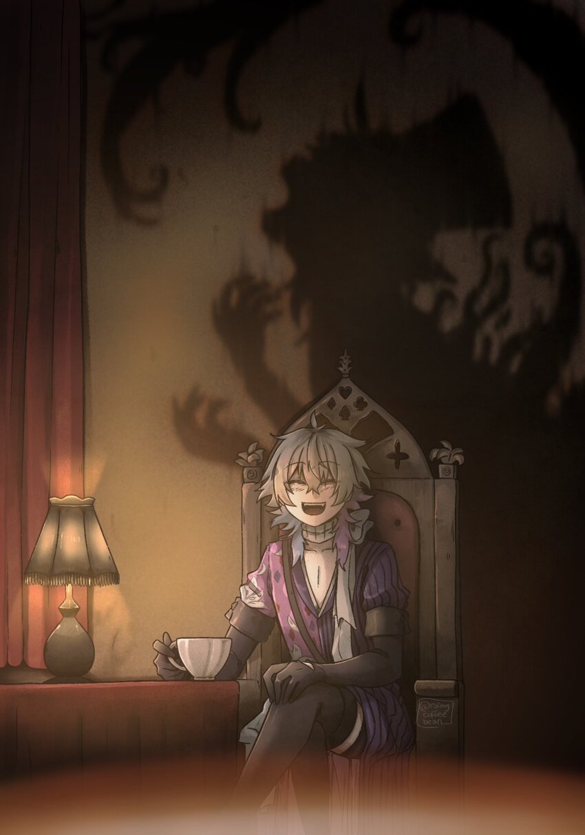 1boy, argyle_clothes, argyle_coat, black_shorts, blue_hair, boots, chair, closed_eyes, coat, commentary, crossed_legs, cup, curtains, dark, different_shadow, facing_viewer, gavis_bettel, gloves, grey_hair, hair_between_eyes, hat, highres, holding, holding_cup, holostars, holostars_english, lamp, male_focus, multicolored_coat, multicolored_hair, on_chair, open_mouth, pink_hair, rainycoffeebean, scarf, shorts, sitting, smile, solo, striped_coat, table, teacup, tentacles, thigh_boots, top_hat, vertical-striped_coat, virtual_youtuber, white_scarf