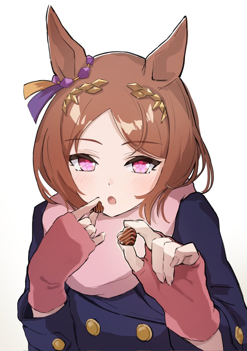 1girl, animal_ears, blush, brown_hair, candy, chocolate, chocolate_heart, ear_ornament
