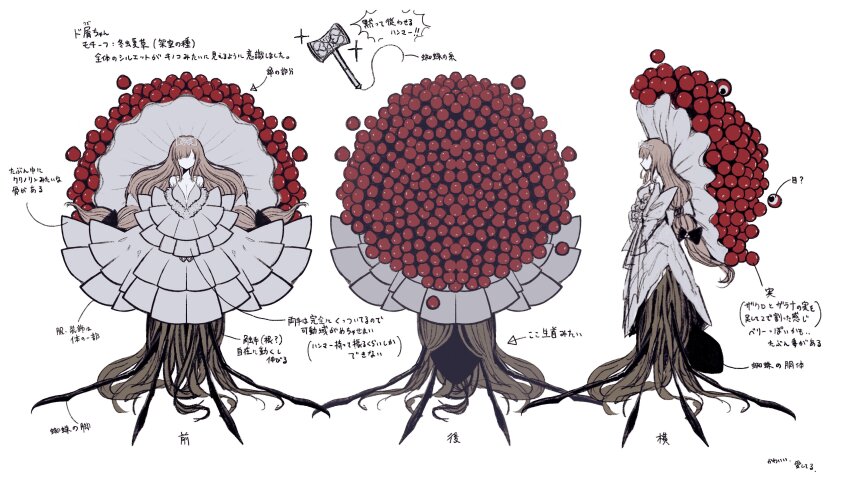 1girl, absurdres, arthropod_limbs, black_bow, blunt_bangs, bow, breasts, reference_sheet