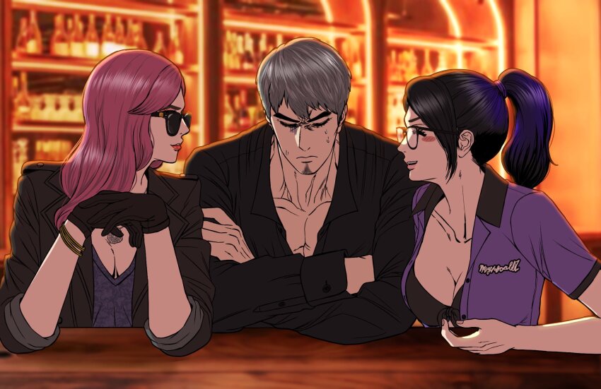 1boy, 2girls, averting_eyes, bar_(place), black_gloves, breasts, cdtxufre, cleavage, closed_eyes, facial_hair, girl_sandwich, glasses, gloves, goatee, grey_hair, highres, kei_(ryuu_ga_gotoku), kiryu_kazuma, kson, kson_(person), looking_at_another, multiple_girls, pink_hair, ponytail, purple_hair, purple_shirt, ryuu_ga_gotoku_(series), ryuu_ga_gotoku_8, sandwiched, seonhee, shirt, sitting, the_weaker_sex_1_(gibson)