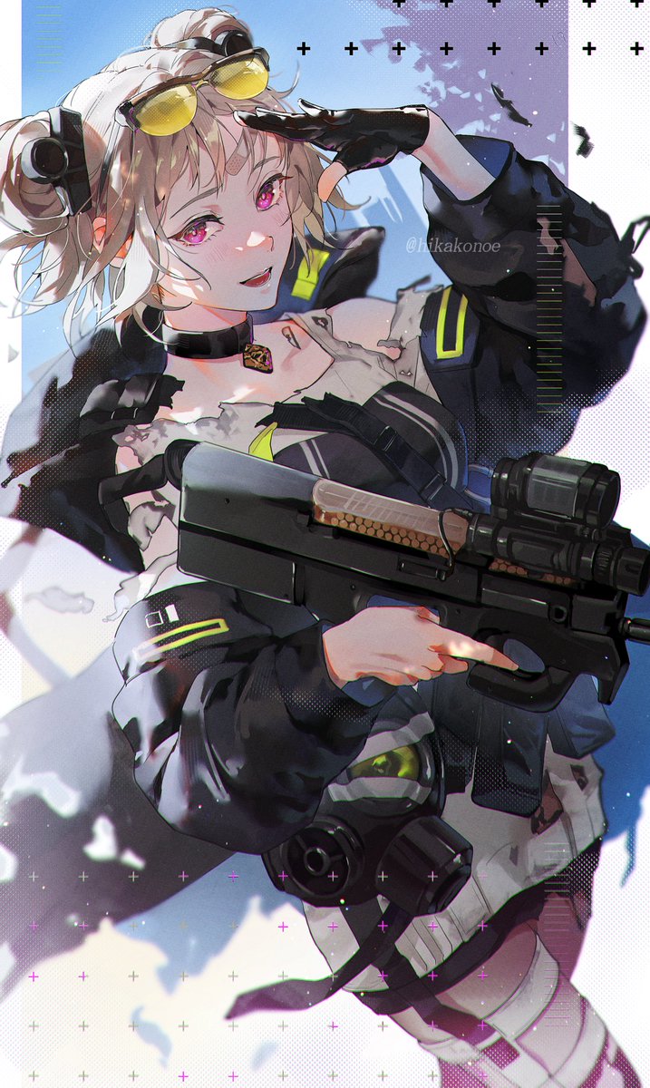 1girl, ammunition, armor-piercing_ammunition, black_gloves, black_jacket, bullet, bullpup, choker, cowboy_shot, double_bun, eyewear_on_head, fn_5.7x28mm, gas_mask, girls'_frontline, gloves, gun, hair_bun, handgun_cartridge, high-capacity_magazine, highres, hikakonoe, holding, holding_gun, holding_weapon, horizontal_magazine, jacket, light_brown_hair, looking_at_viewer, mask, open_mouth, p90, p90_(girls'_frontline), partially_fingerless_gloves, pdw_cartridge, personal_defense_weapon, pink_eyes, pistol_cartridge, salute, scope, short_hair, single_glove, smile, solo, submachine_gun, sunglasses, torn_clothes, trigger_discipline, twitter_username, weapon