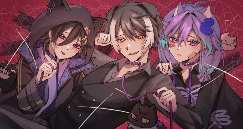 3boys, androgynous, animal_ears, bandaid, bandaid_on_face, bishounen, black_hair, black_nails
