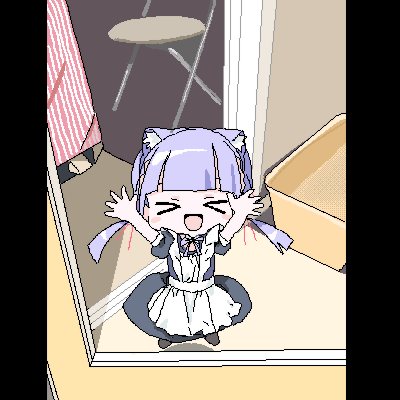 >_<, 1girl, :d, against_window, animal_ear_hairband, animal_ears, apron, blunt_bangs