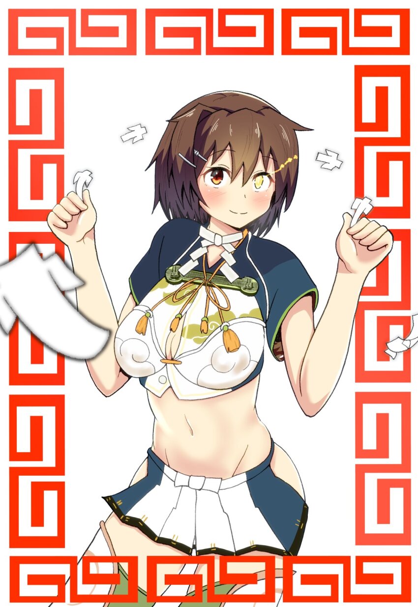 1girl, blue_shirt, brown_eyes, brown_hair, cleavage_cutout, clothing_cutout, cloud_print, contrapposto