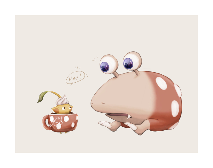 black_eyes, blue_eyes, border, bulborb, colored_skin, commentary_request, costume, cup, english_text, fang, fang_out, food, food_on_head, grey_background, icing, leaf, looking_at_another, nintendo, no_humans, no_mouth, nostrils, notice_lines, object_on_head, parted_lips, pikmin_(creature), pikmin_(series), pikmin_bloom, pointy_ears, polka_dot, signature, simple_background, sitting, speech_bubble, teacup, usuba_(hatomugip), white_border, yellow_pikmin, yellow_skin