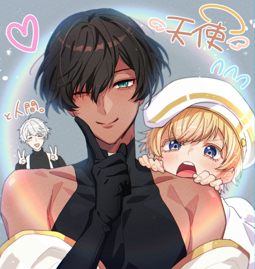 3boys, bare_shoulders, behind_another, beret, black_gloves, black_hair, blonde_hair, blue_eyes