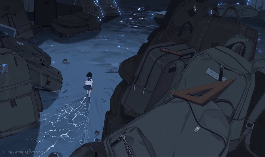 1girl, ashuijing, backpack, bag, black_hair, black_socks, blue_sailor_collar, blue_skirt