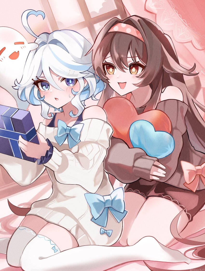 2girls, ahoge, bare_shoulders, black_shorts, blue_bow, blue_eyes, blue_hair, boo_tao_(genshin_impact), bow, box, bright_pupils, brown_hair, chaena_(exmd3552), chestnut_mouth, drop-shaped_pupils, flower-shaped_pupils, furina_(genshin_impact), genshin_impact, ghost, hair_between_eyes, heart, heart_ahoge, highres, holding, holding_box, hu_tao_(genshin_impact), indoors, long_hair, long_sleeves, looking_at_another, mismatched_pupils, multiple_girls, off_shoulder, open_mouth, parted_lips, short_hair, shorts, sitting, smile, sweat, symbol-shaped_pupils, thighhighs, wariza, white_hair, white_thighhighs
