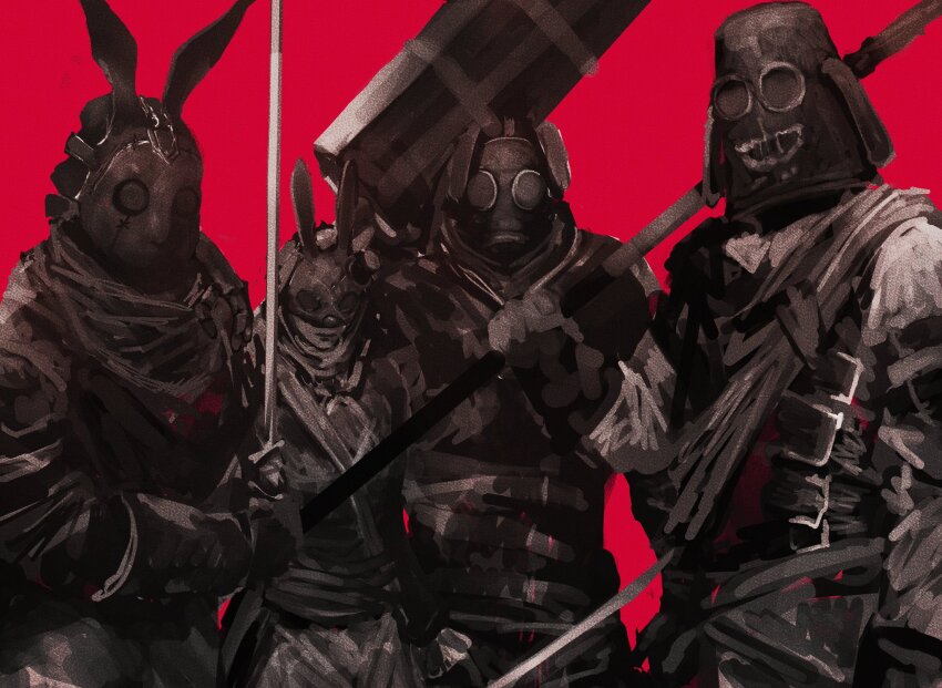 1girl, 3boys, armor, battle_maniac_of_the_black_rabbit_brotherhood, breastplate, bucket, cowboy_shot, eccentric_of_the_black_rabbit_brotherhood, eldest_of_the_black_rabbit_brotherhood, gloves, graffitigw, greatsword, greyscale_with_colored_background, highres, holding, holding_polearm, holding_sword, holding_weapon, huge_weapon, lies_of_p, long_sleeves, looking_at_viewer, mask, multiple_boys, pants, polearm, rabbit_mask, red_background, simple_background, standing, sword, weapon, youngest_of_the_black_rabbit_brotherhood