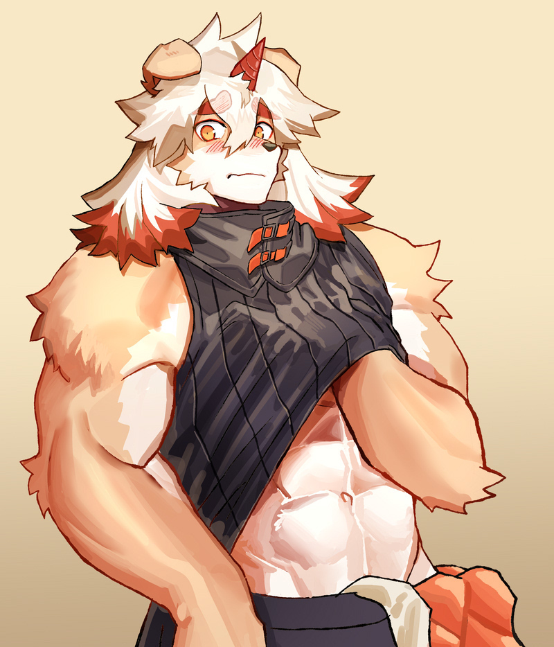 1boy, abs, arknights, bara, black_shirt, blush, clothes_lift, colored_tips