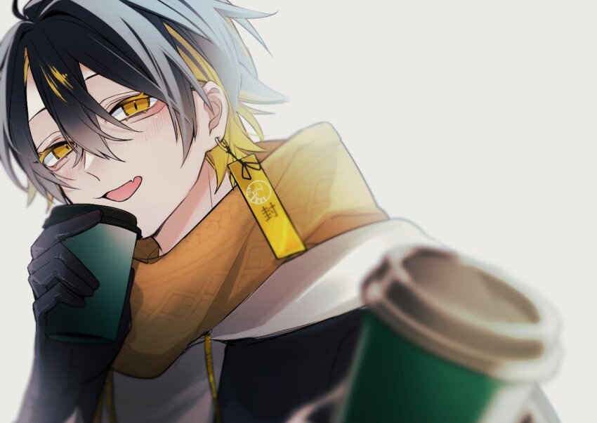 029jrr, 1boy, black_gloves, black_hair, blonde_hair, blurry, colored_eyelashes, commentary_request