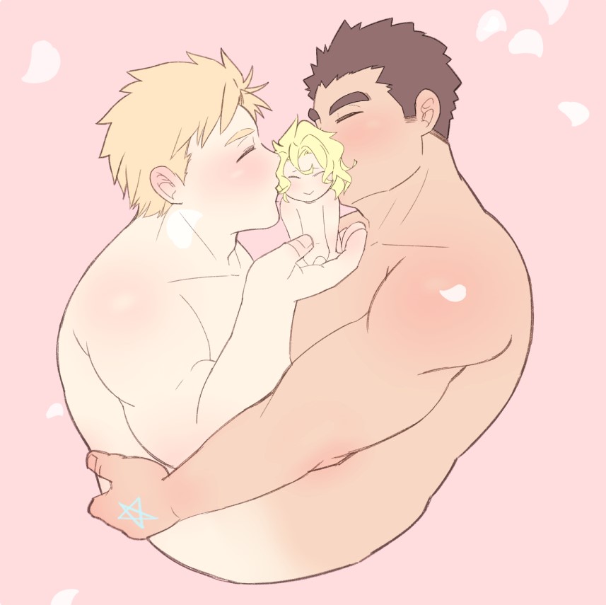 3boys, bara, blonde_hair, brown_hair, character_request, cheek_kiss, cropped_torso, double_cheek_kiss, facial_hair, happy, kiss, kissing_cheek, male_focus, mini_person, miniboy, multiple_boys, nude, pectorals, petals, pink_background, profile, protagonist_3_(housamo), ragi_san_(ononokomachiimo), short_hair, sideburns_stubble, stubble, thick_eyebrows, tokyo_houkago_summoners, toned, toned_male, yaoi