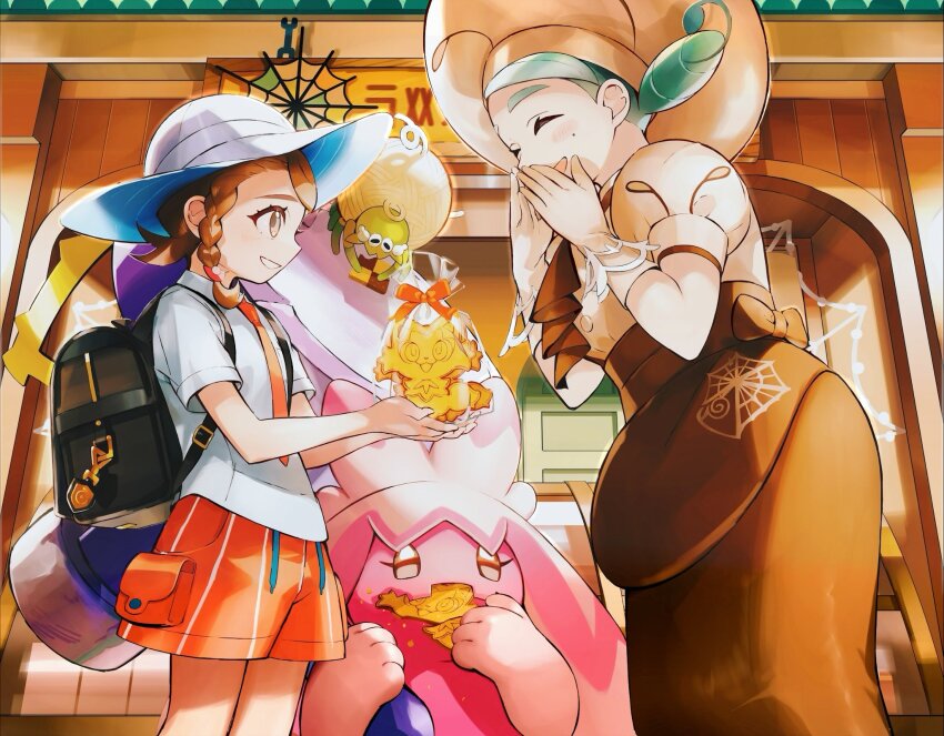 2girls, 2others, :d, ^_^, apron, ascot, backpack, bag