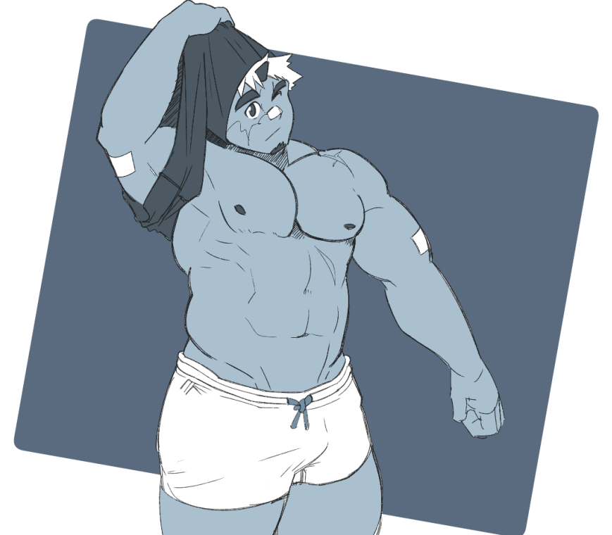 1boy, abs, akiha_gongen_(housamo), bandaid, bandaid_on_face, bandaid_on_nose, bara, bare_pectorals