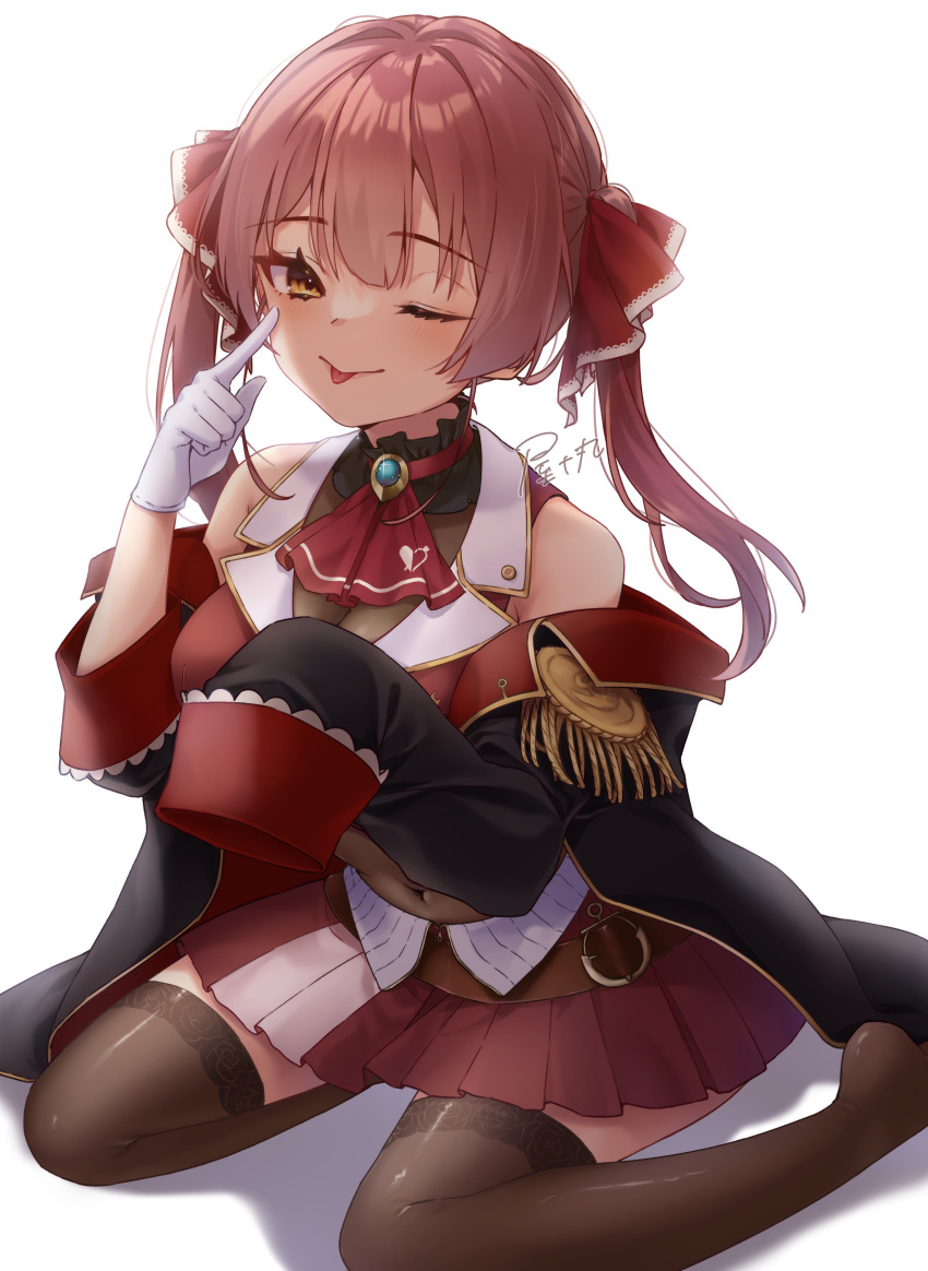1girl, ;p, absurdres, ascot, belt, black_choker, black_coat, black_thighhighs, blush, breasts, brown_belt, choker, cleavage, coat, cropped_jacket, frilled_choker, frills, gloves, hair_ribbon, highres, hololive, houshou_marine, houshou_marine_(1st_costume), jacket, large_breasts, leather_belt, leotard, leotard_under_clothes, long_hair, long_sleeves, looking_at_viewer, miniskirt, one_eye_closed, pleated_skirt, red_ascot, red_coat, red_jacket, red_ribbon, red_skirt, ribbon, skirt, sleeveless, sleeveless_jacket, sleeves_past_fingers, sleeves_past_wrists, smile, thighhighs, tongue, tongue_out, twintails, two-sided_coat, two-sided_fabric, virtual_youtuber, white_background, white_gloves, yato_maru, yellow_eyes