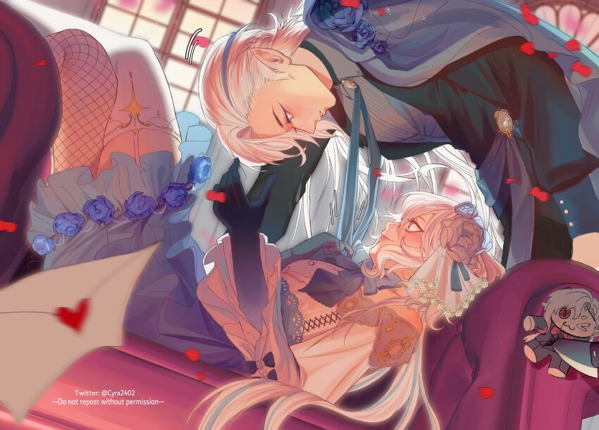 1boy, 1girl, absurdres, ahoge, alternate_costume, artist_name, black_gloves, blue_eyes