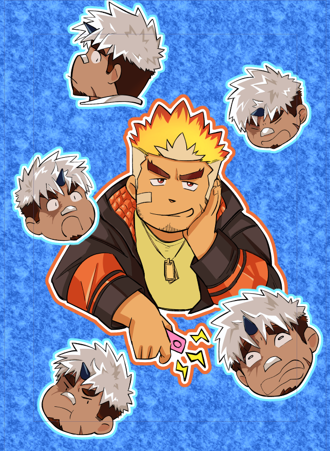 2boys, akiha_gongen_(housamo), bandaid, bandaid_on_face, bandaid_on_nose, bara, chibi, constricted_pupils