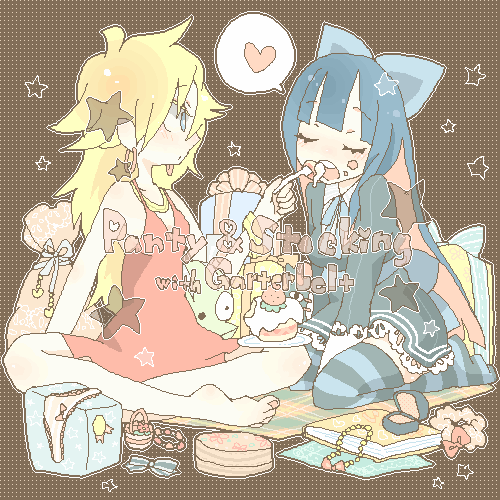 10s, 2girls, barefoot, book, cake, chuck_(psg), closed_eyes, crossed_legs