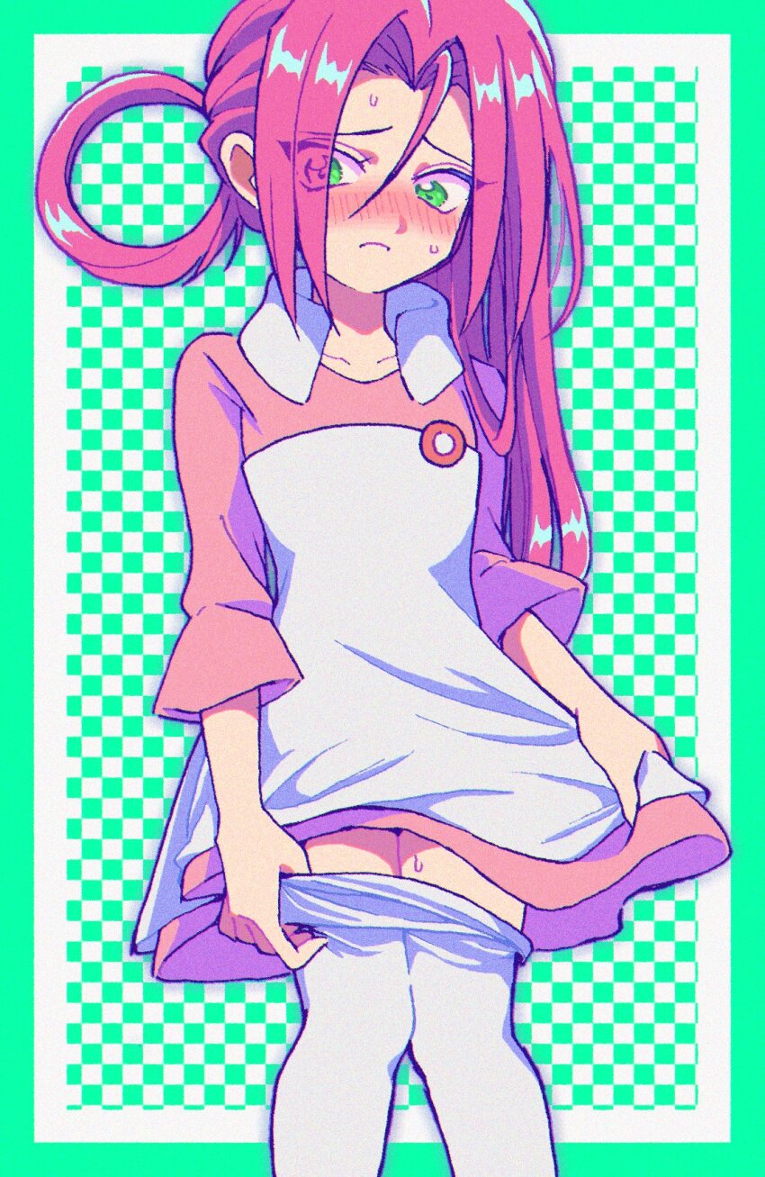 1boy, blue_hair, blush, cosplay, crossdressing, crossdressing_(mtf), embarrassed, green_background