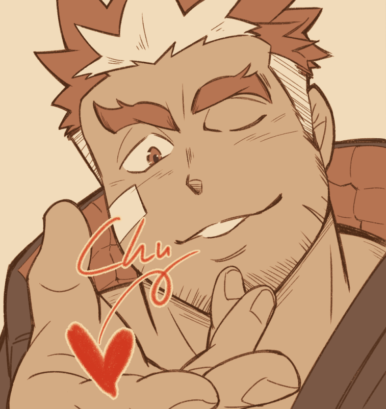 1boy, bandaid, bandaid_on_cheek, bandaid_on_face, bandaid_on_nose, bara, beard_stubble, blowing_kiss
