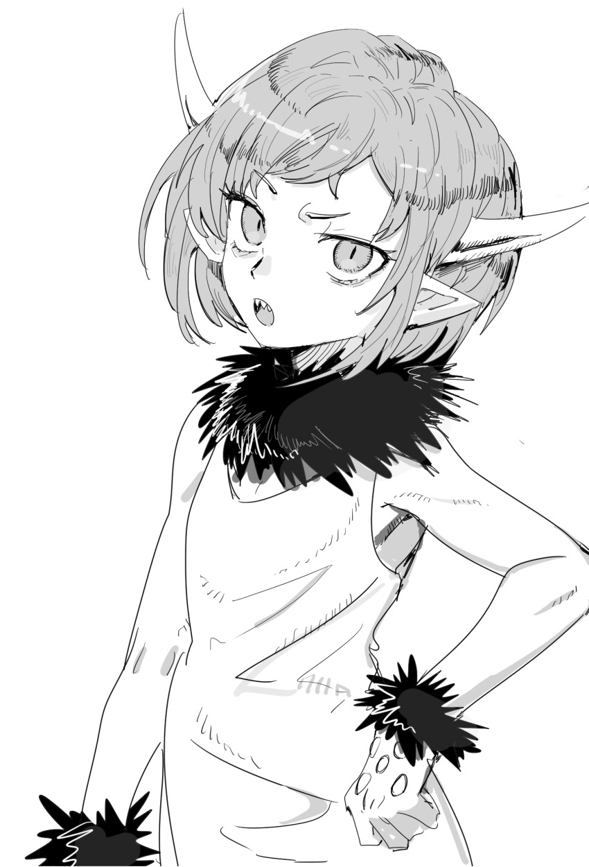 1girl, demon, demon_girl, demon_horns, dress, greyscale, highres, horns