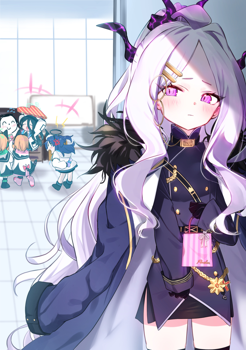 +++, 1boy, 5girls, anger_vein, aris_(blue_archive), black_coat, black_gloves, black_horns