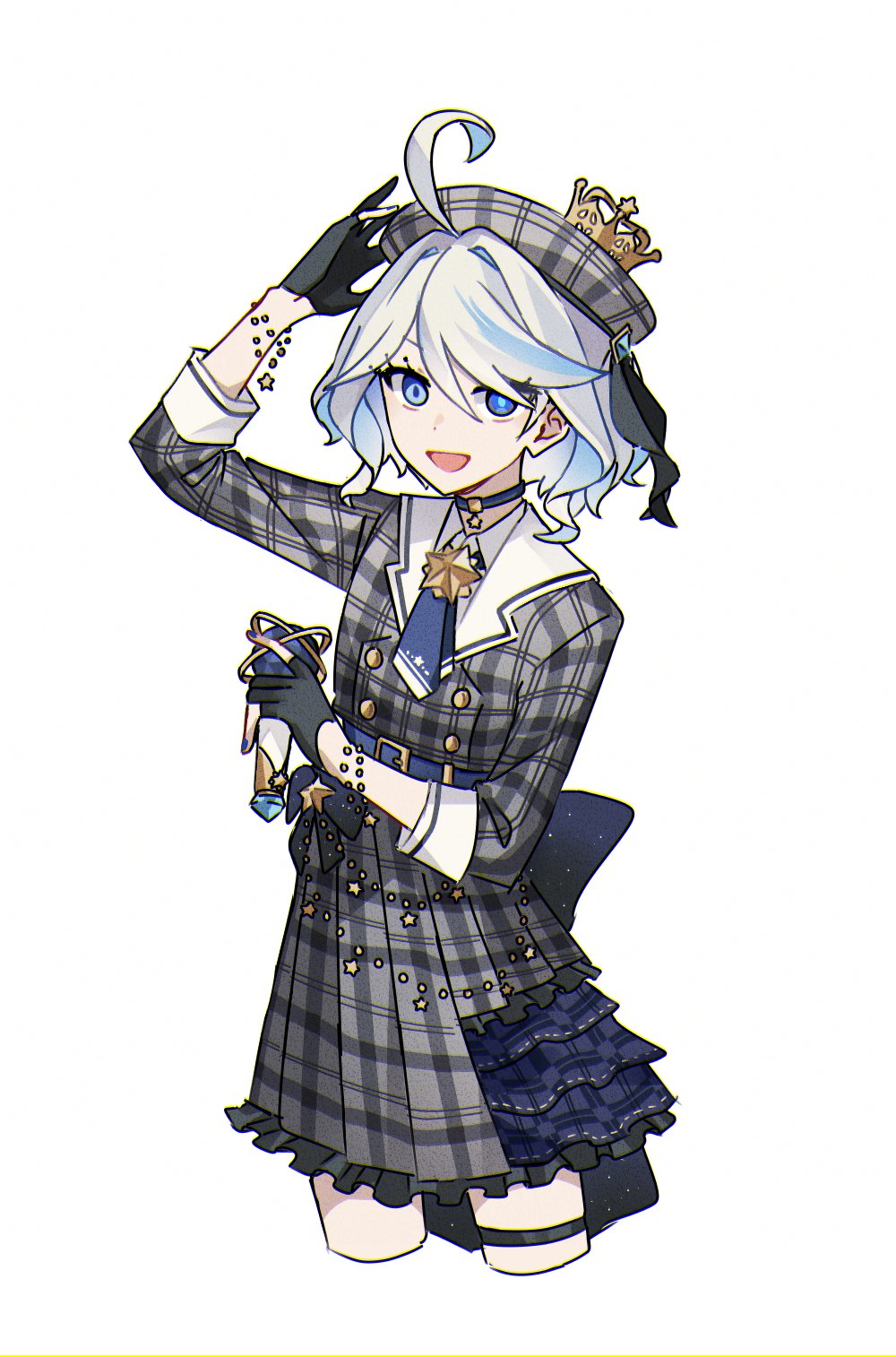 1girl, ahoge, alternate_costume, black_gloves, cosplay, furina_(genshin_impact), genshin_impact, gloves