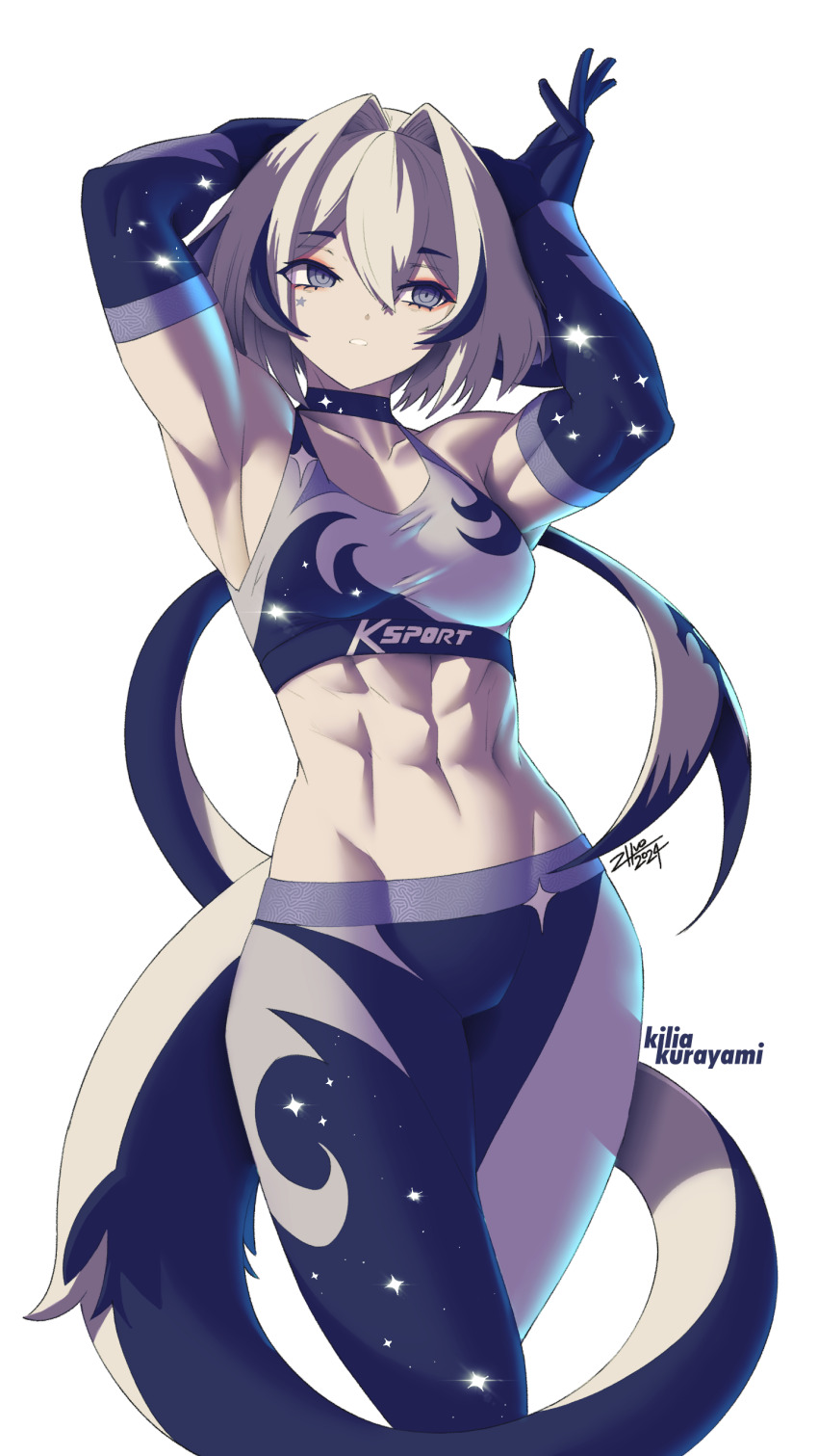 1girl, abs, absurdres, arms_up, blue_eyes, blue_hair, breasts, choker, dated, eien_project, elbow_gloves, gloves, hair_intakes, highres, kurayami_kilia, medium_breasts, multicolored_hair, muscular, muscular_female, navel, short_hair, signature, star_(symbol), star_print, stomach, tail, two-tone_hair, virtual_youtuber, white_background, white_hair, zhvo
