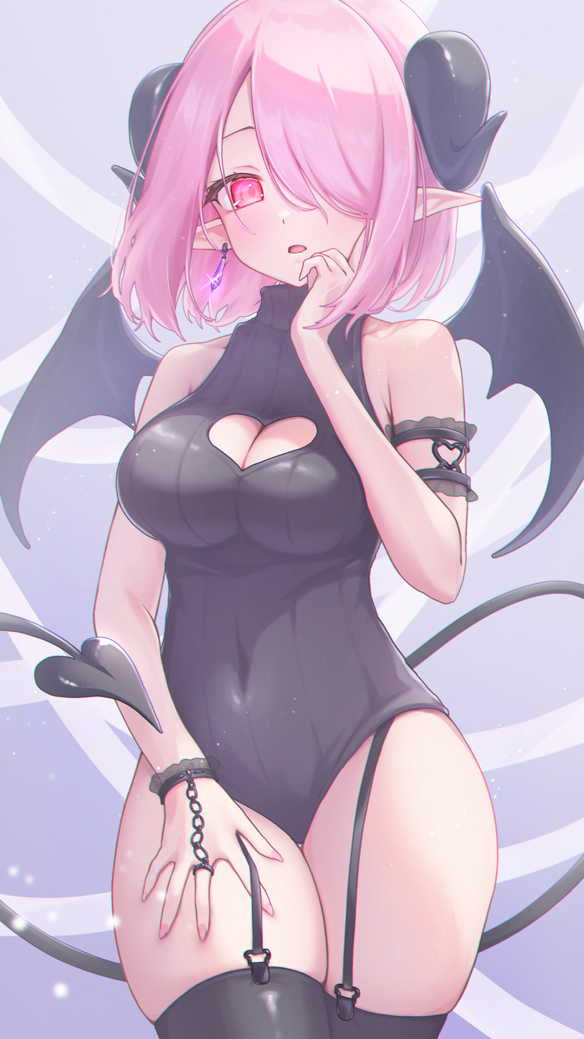 1girl, absurdres, arm_garter, bare_shoulders, black_garter_straps, black_horns, black_leotard, black_thighhighs