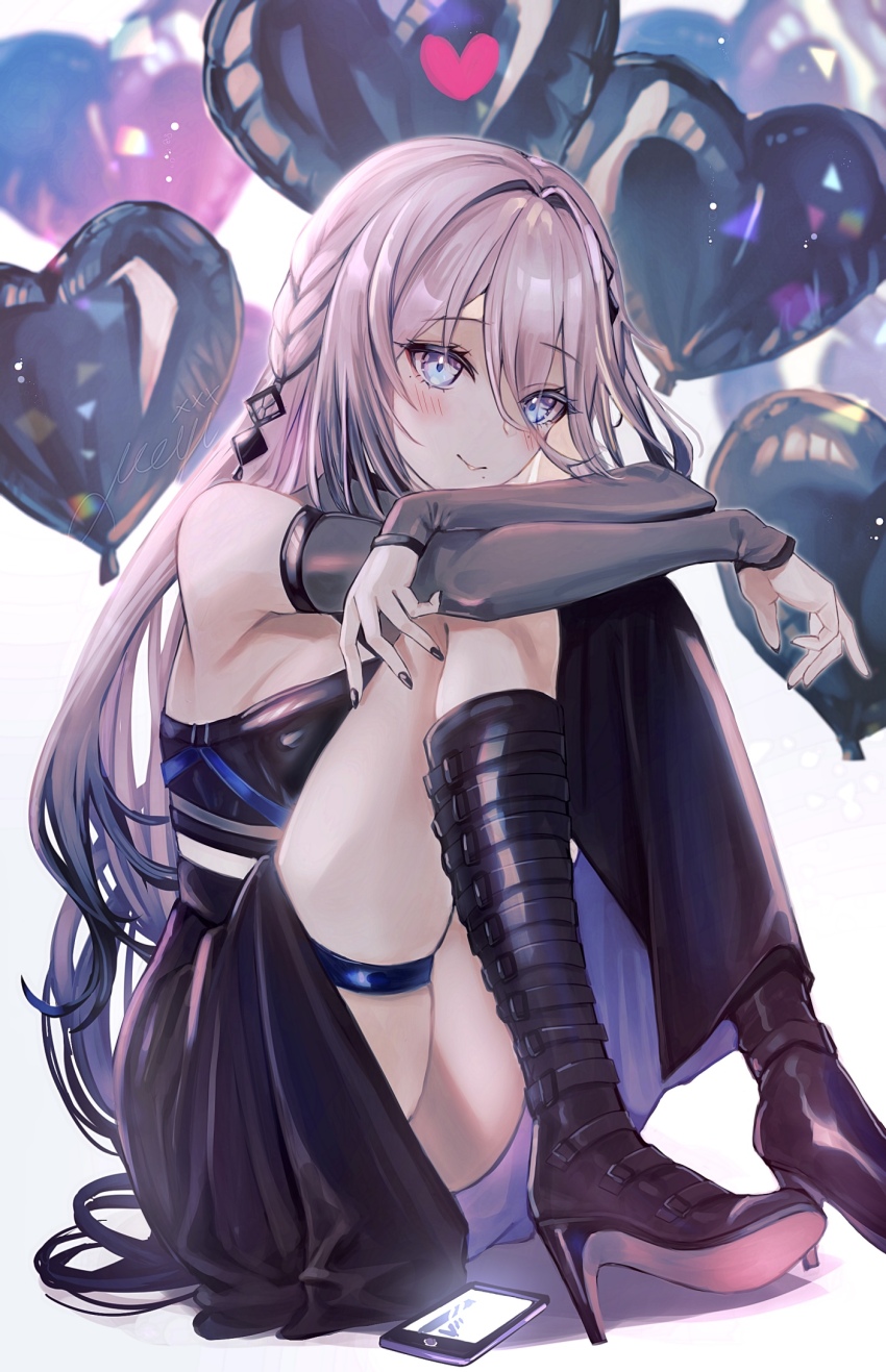 1girl, balloon, bare_shoulders, black_nails, black_skirt, blue_eyes, blush, boots