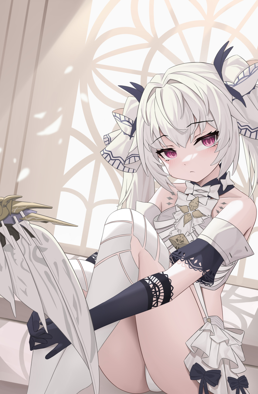 1girl, absurdres, angel_wings, black_gloves, detached_sleeves, elbow_gloves, gloves, grey_hair