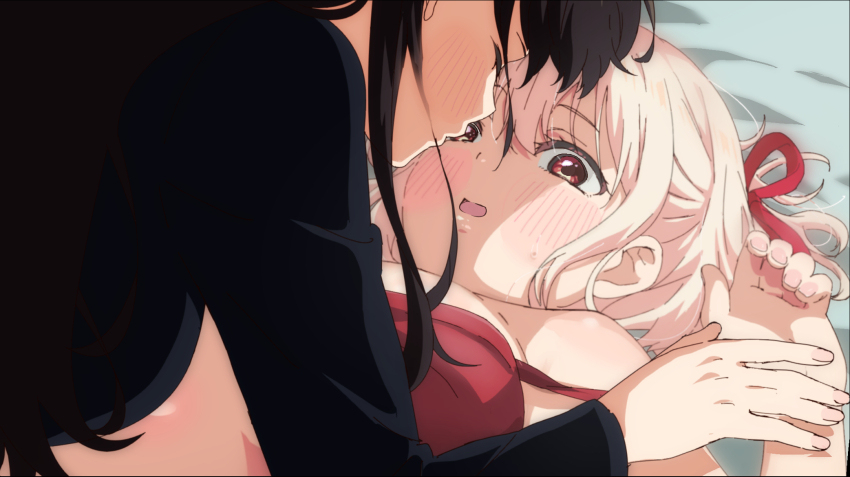 2girls, bare_shoulders, bed_sheet, black_hair, blonde_hair, blush, bra, breasts