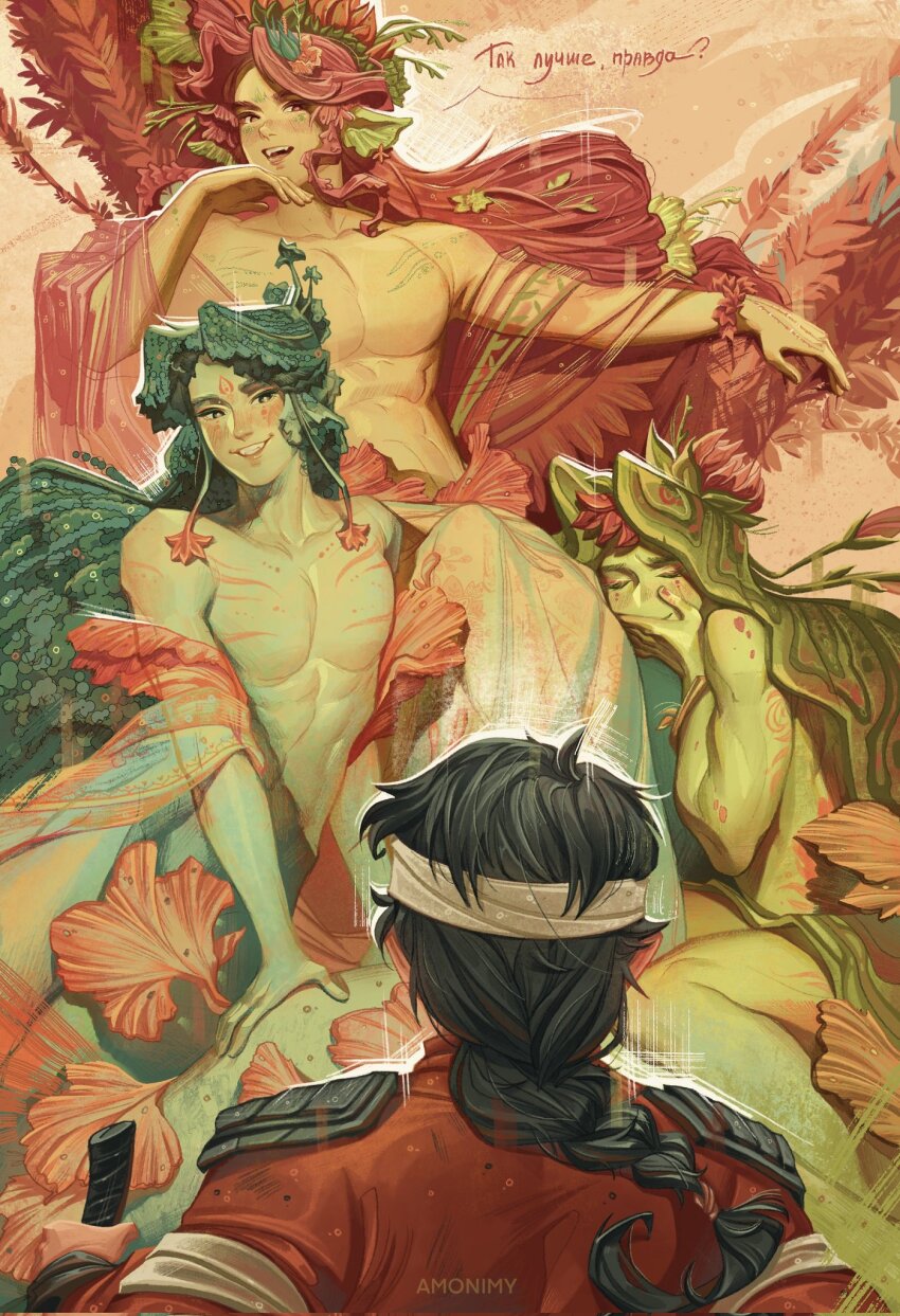 4boys, abs, amonimy, artist_name, bishounen, black_hair, character_request, closed_eyes, colored_skin, convenient_censoring, dryad, epaulettes, fangs, fantasy, flower, green_hair, green_skin, hair_flower, hair_ornament, highres, hua_cheng, hua_cheng_(wuming), implied_yaoi, jacket, long_hair, military_uniform, multiple_boys, muscular, muscular_male, open_mouth, pectorals, ponytail, red_hair, red_jacket, russian_text, seductive_smile, smile, thighs, tianguan_cifu, translation_request, trap, yaoi