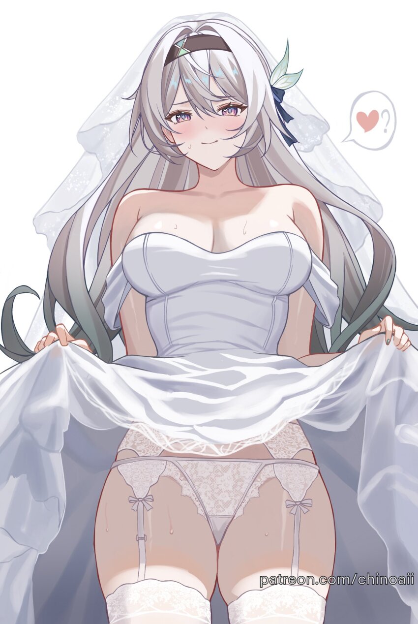 1girl, alternate_costume, bare_shoulders, black_hairband, breasts, bridal_veil, chinoa, cleavage, clothes_lift, commentary, cowboy_shot, dress, dress_lift, firefly_(honkai:_star_rail), garter_belt, grey_hair, hairband, heart, highres, honkai:_star_rail, honkai_(series), lifting_own_clothes, long_hair, looking_at_viewer, medium_breasts, off-shoulder_dress, off_shoulder, panties, purple_eyes, short_sleeves, simple_background, smile, solo, spoken_heart, standing, thighhighs, thighs, underwear, veil, very_long_hair, wedding_dress, white_background, white_dress, white_panties, white_thighhighs