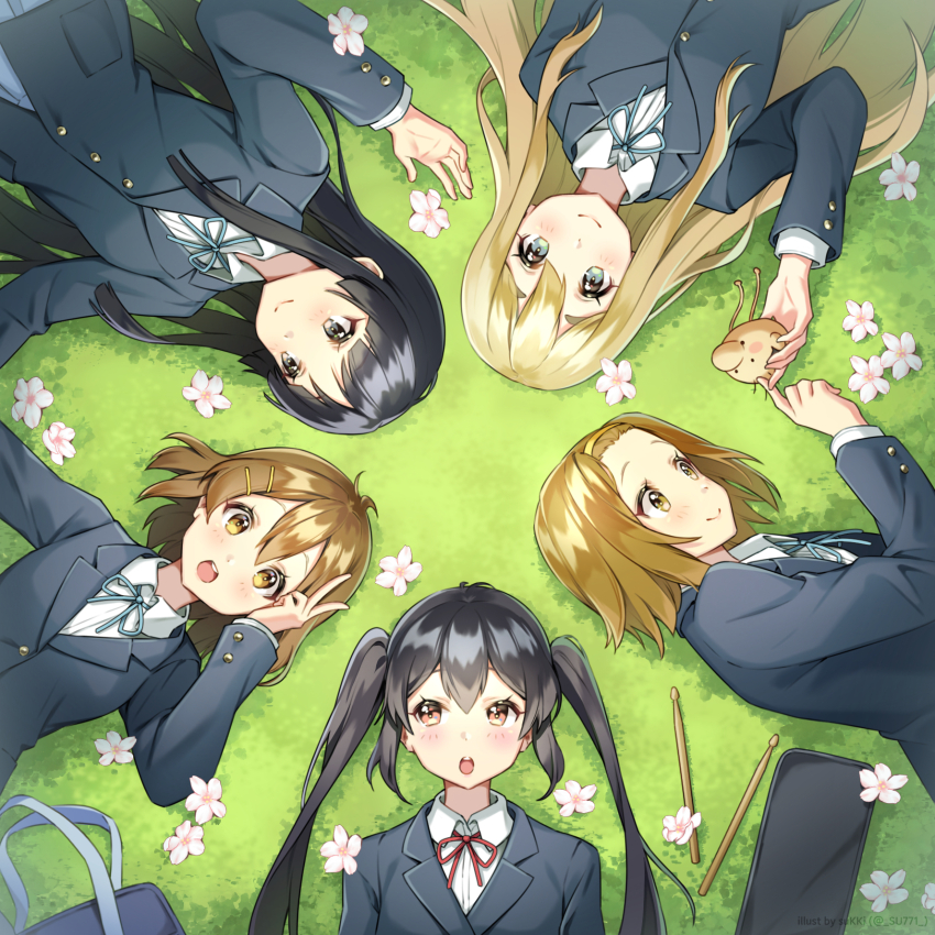5girls, :d, akiyama_mio, black_eyes, black_hair, blazer, blonde_hair, blue_hair