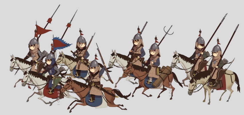 6+girls, antique_firearm, armor, arrow_(projectile), bow_(weapon), brigandine_(armor), brown_horse, cavalry