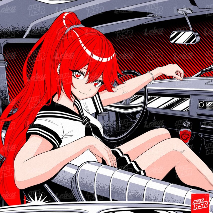 1girl, alex_rsr, artist_name, black_skirt, car_interior, flower, gaz-24_volga, hair_behind_ear, hair_between_eyes, logo, long_hair, looking_at_viewer, original, ponytail, rear-view_mirror, red_eyes, red_flower, red_hair, red_rose, rose, school_uniform, serafuku, shirt, skirt, smile, solo, steering_wheel, vehicle_interior, very_long_hair, watermark, white_shirt