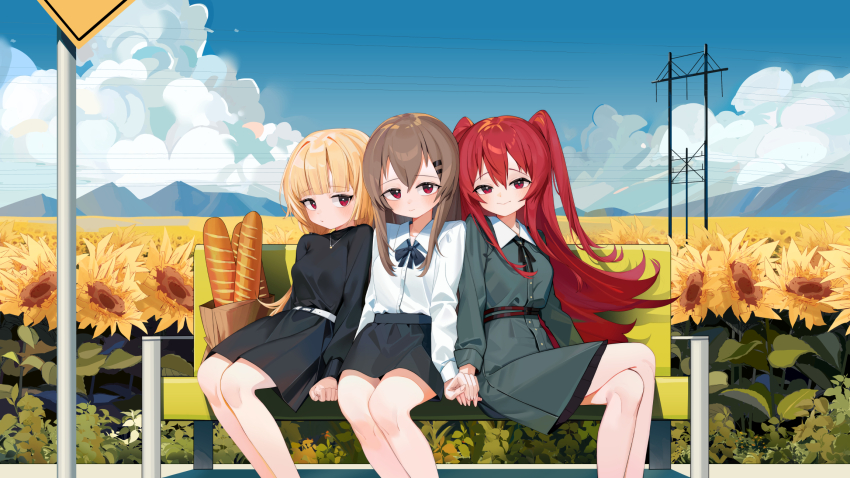 1797928123, 3girls, alibina_(sentinel_girls), alternate_costume, ash_arms, blunt_bangs, bread, breasts