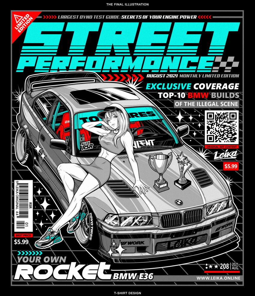 !, 1girl, 2021, air_max_90, alex_rsr, barcode, bmw, bmw_3_series, bmw_e36, bmw_m3, car, cover, cropped_shirt, english_text, fake_magazine_cover, hair_between_eyes, head_tilt, highres, long_hair, looking_at_viewer, magazine_cover, motor_vehicle, nike_(company), on_car, original, shirt, sitting, skirt, sleeveless, sleeveless_shirt, smile, solo, sparkle, spoiler_(automobile), sports_car, spot_color, stance_(vehicle), star_(symbol), trophy, vehicle_focus, visor_cap, watermark, web_address