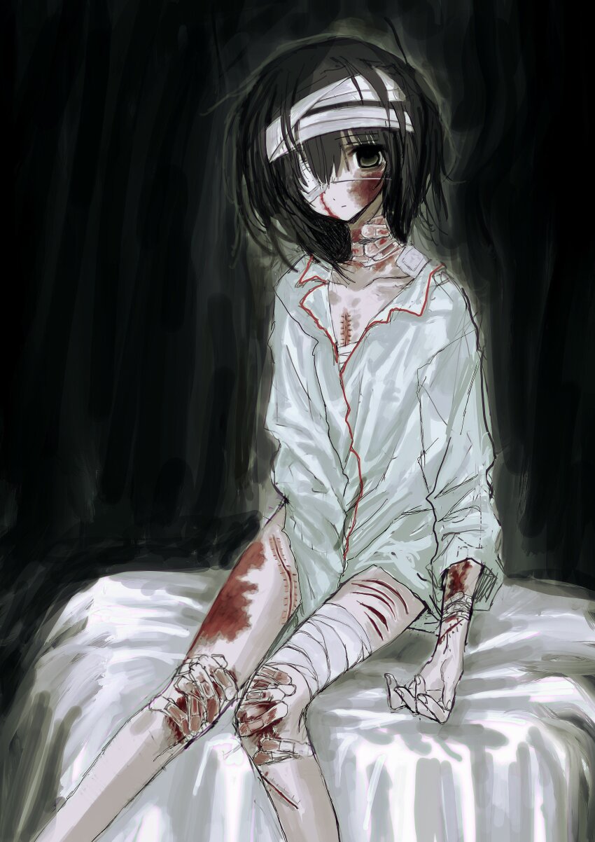 1girl, absurdres, bandaged_head, bandaged_leg, bandages, bandaid, bandaid_on_knee, bandaid_on_leg